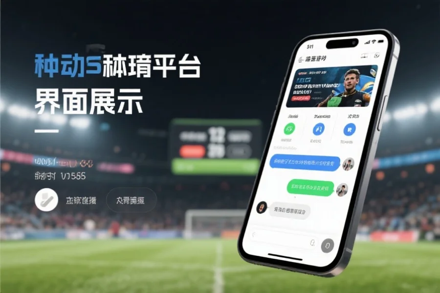 现代化的移动端体育平台界面展示，画面中有实时比分、赛事直播和互动聊天功能